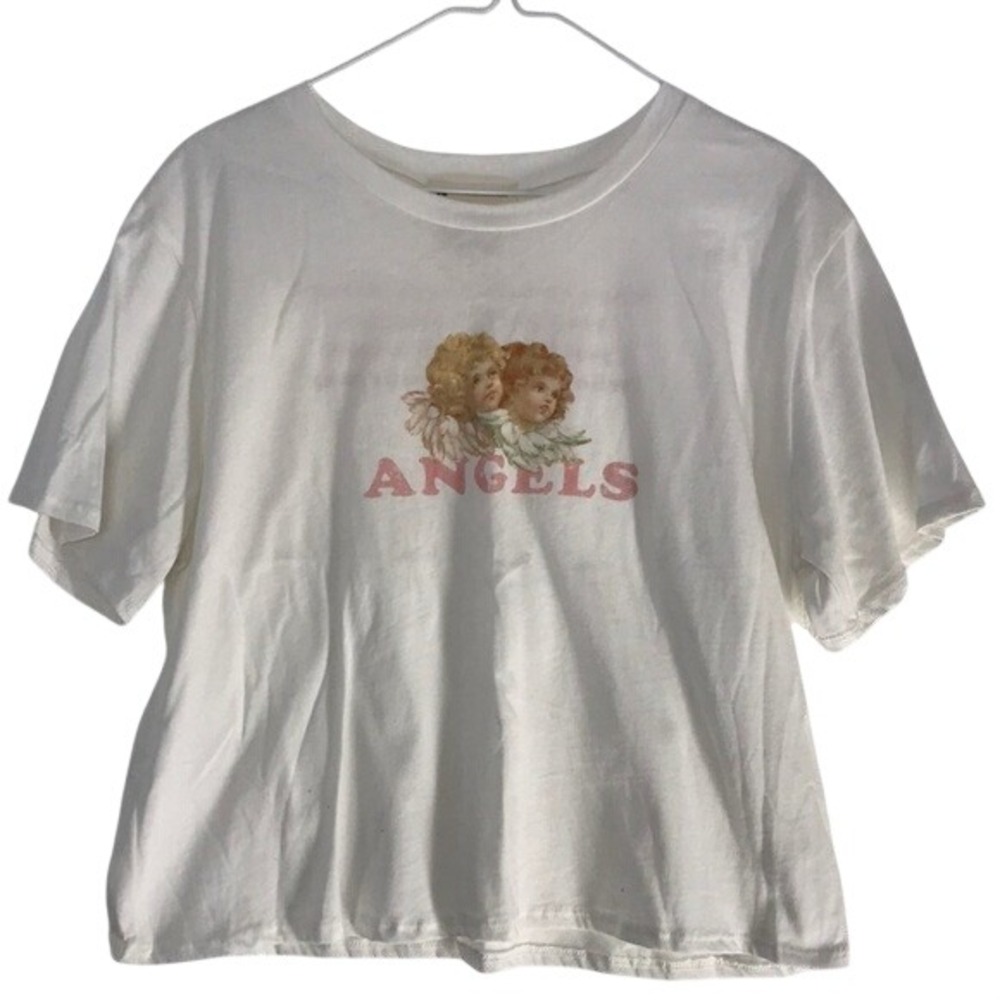French Pastry Whispering Angels Cream Cropped Short Sleeve Back Wording Size L